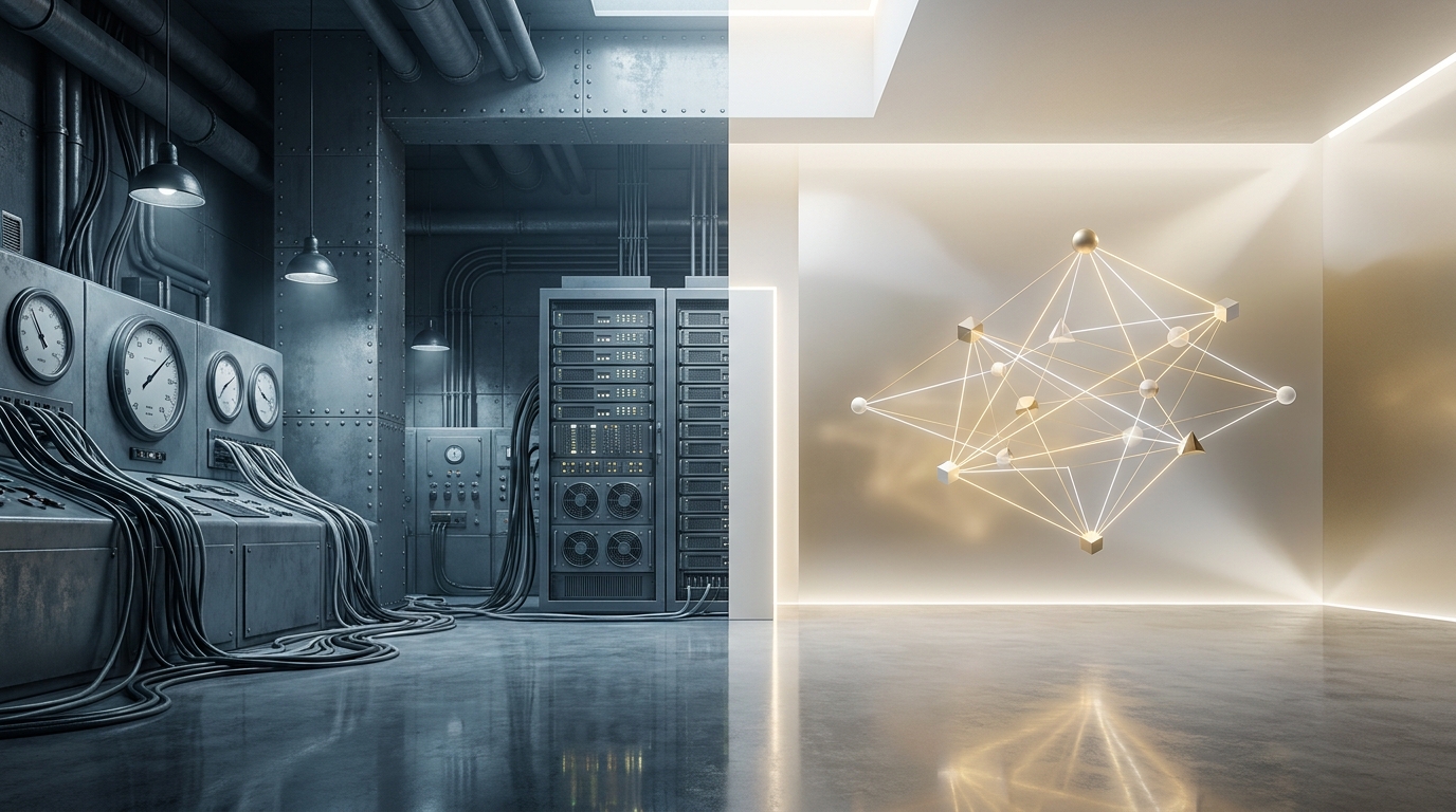 A split-scale composition contrasting heavy enterprise machinery with a sleek autonomous system, symbolizing SA360 versus modern Google Ads management.