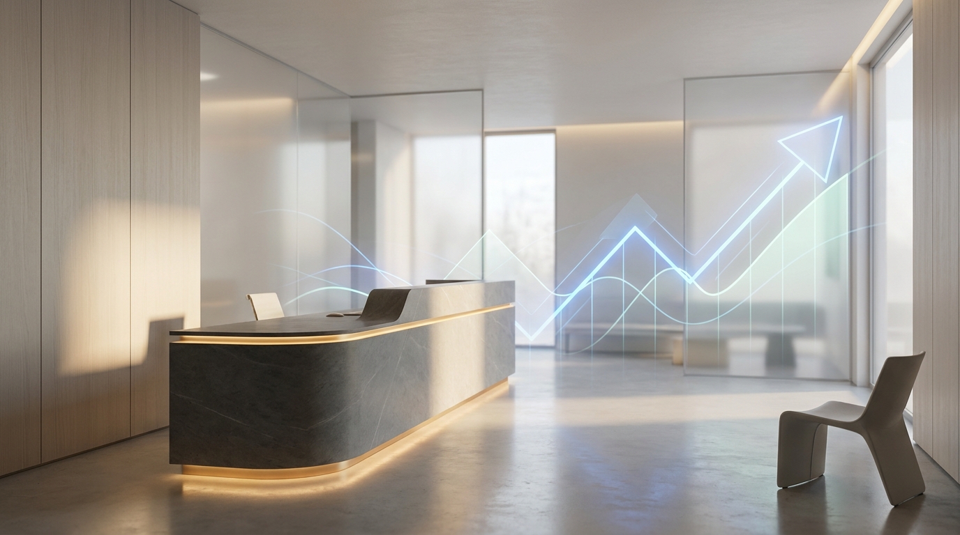 A modern dental clinic reception bathed in cool blue light with a glowing upward-trending graph overlaid as a subtle metaphor for new patient growth through Google Ads.