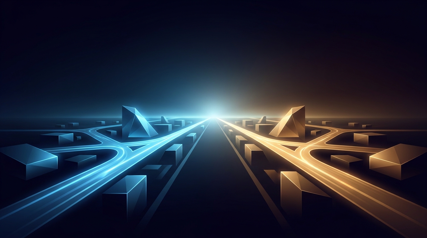 Two distinct streams of light converging on a single focal point, representing the strategic choice between search intent and social audience targeting in paid advertising.