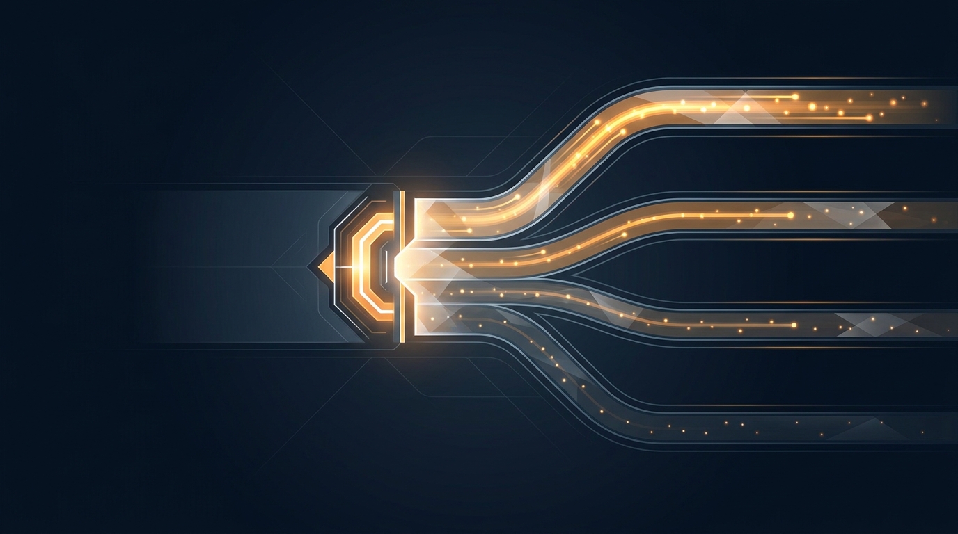 Abstract editorial illustration of budget flows being distributed across multiple campaign channels, visualizing strategic allocation and performance optimization across a digital ad ecosystem.