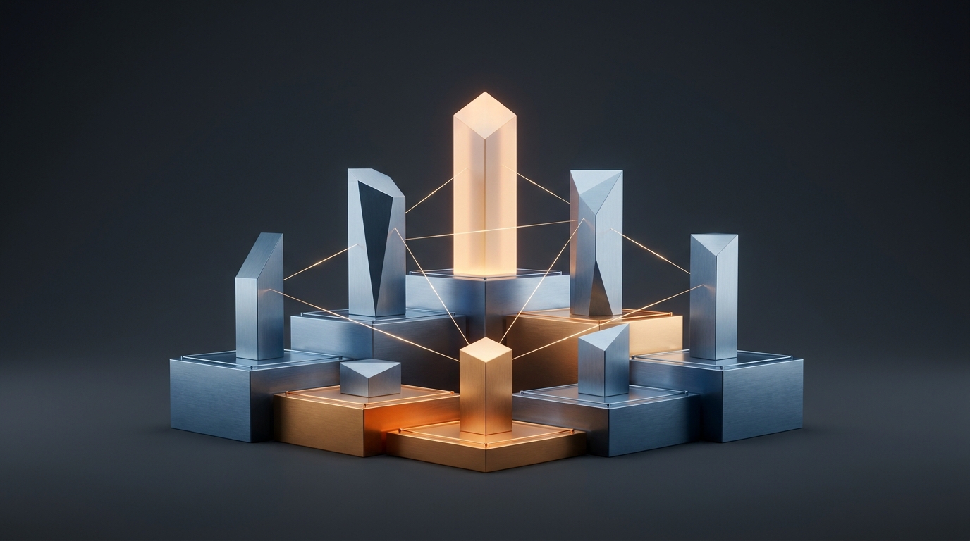 A bold editorial illustration of a tiered podium-style ranking structure with abstract geometric figures representing competing services, set against a high-contrast dark background.