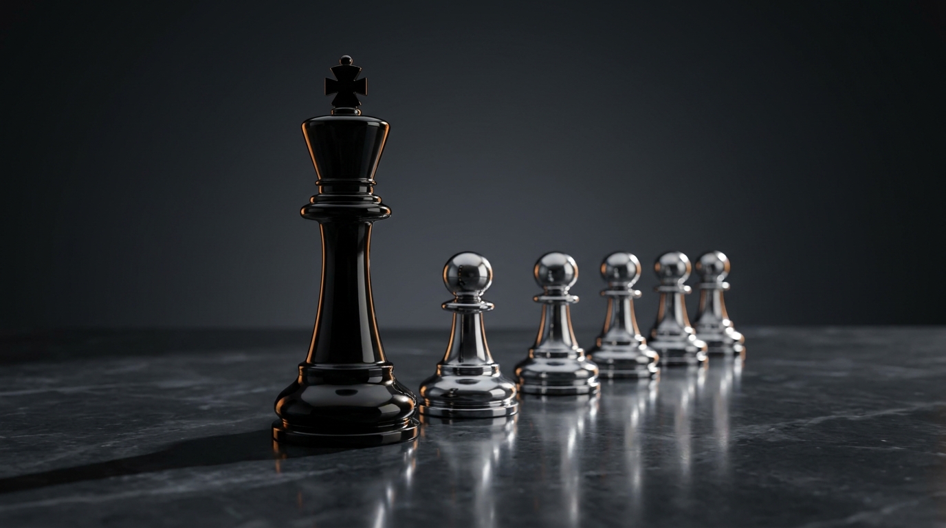 A lone commanding chess piece stands apart from a row of identical pawns on a dark reflective surface, symbolising one clear winner among many alternatives.