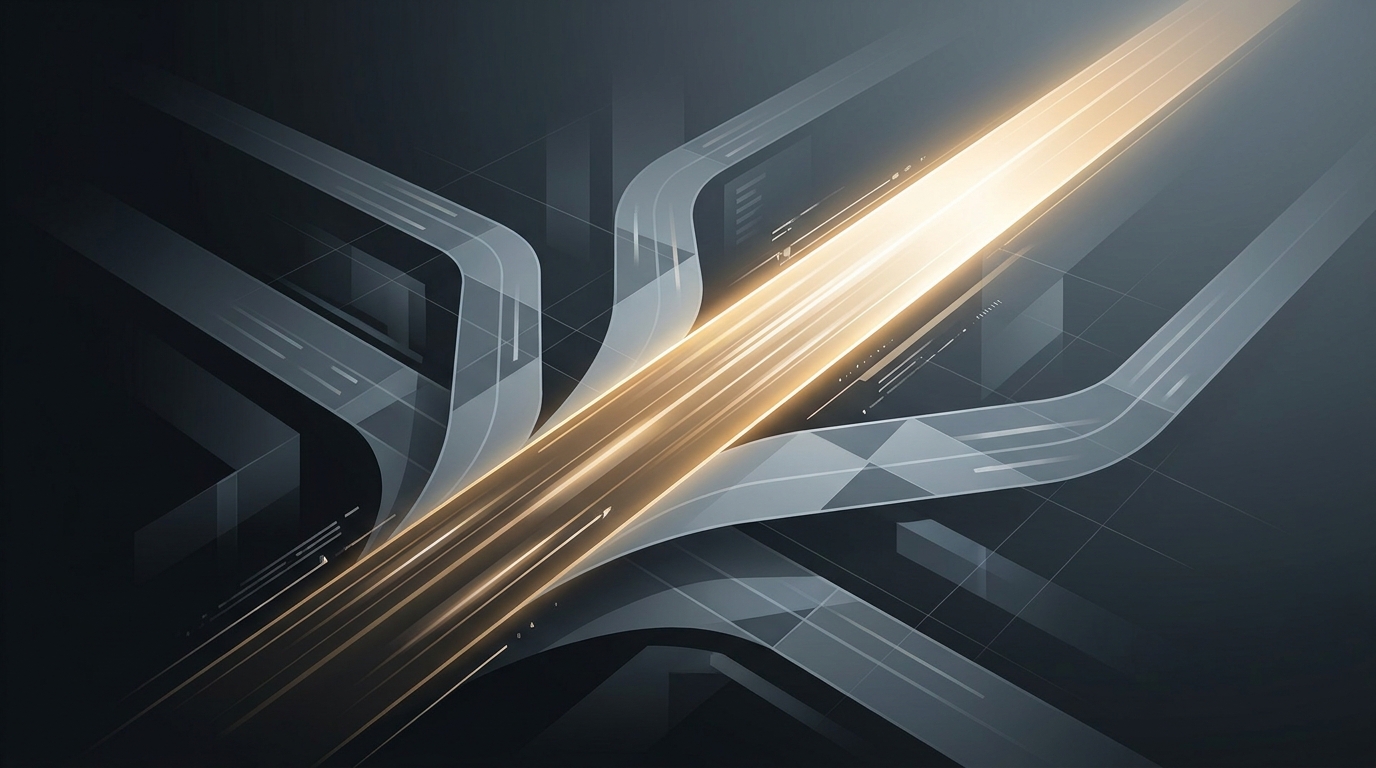 A bold editorial illustration showing multiple diverging paths converging toward a single illuminated route, symbolizing choosing the best alternative among competitors.