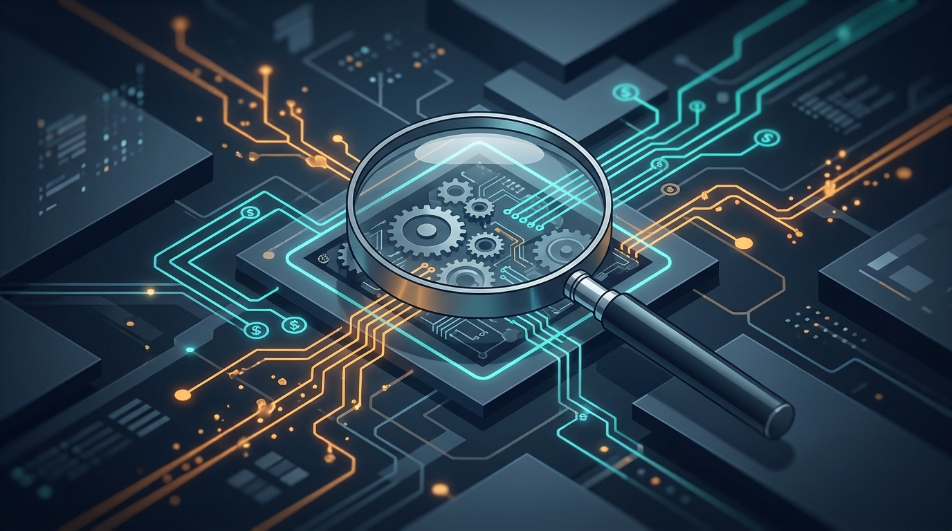 A forensic audit scene: a magnifying glass over an abstract network of glowing budget flow lines, revealing hidden inefficiencies in a dark technical landscape.