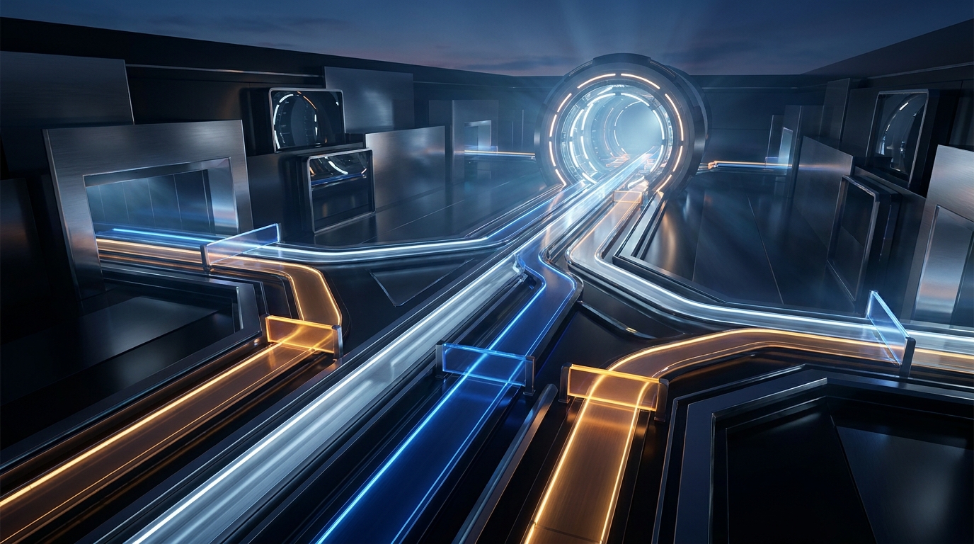 A precision control room metaphor showing multiple campaign channels converging into a single optimized flow, representing Performance Max campaign structure.