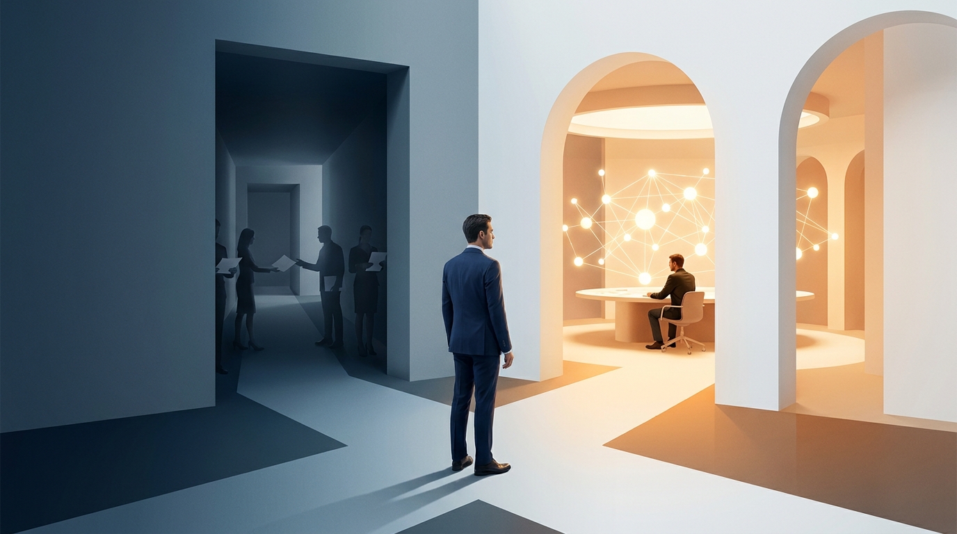 An agency owner at a crossroads between a shadowy outsourced team and a sleek autonomous AI-human partnership managing Google Ads campaigns at scale