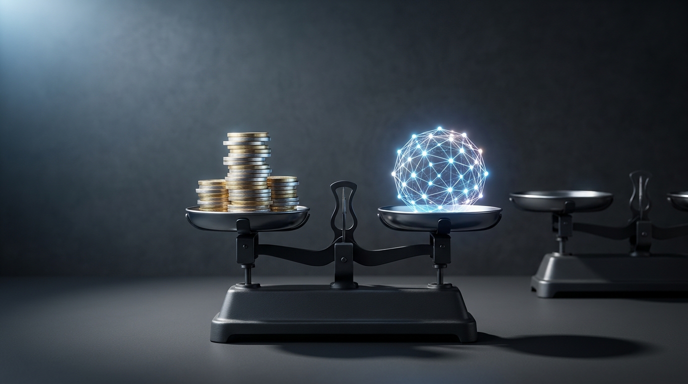 Two contrasting scales balanced on a sleek surface, one side heavy with stacked coins, the other with a glowing abstract network node, symbolizing cost versus performance value.