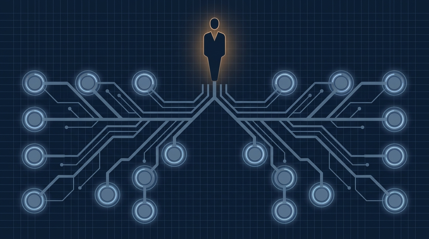 A network of interconnected nodes representing agency scale and white-label campaign management, with a central human figure overseeing automated flows