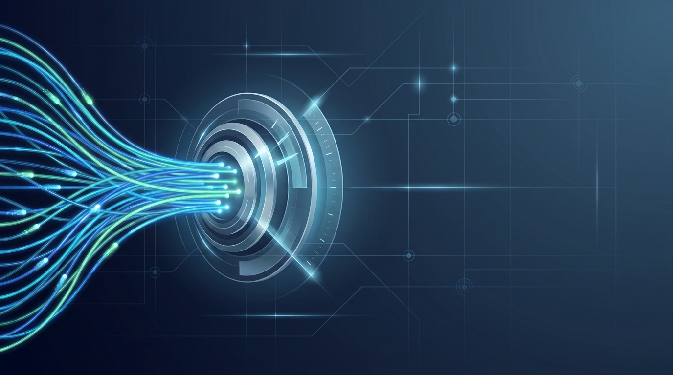Abstract editorial illustration of data flowing through a precision measurement system, representing Google Ads conversion tracking and signal accuracy in 2026.