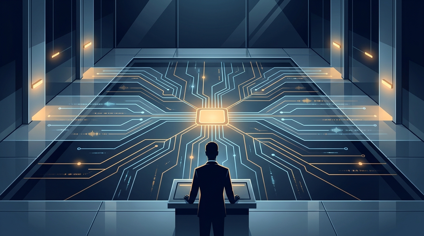 A wide editorial illustration of a sleek control room with layered glowing circuit pathways converging toward a central focal point, symbolizing modern AI-driven campaign optimization