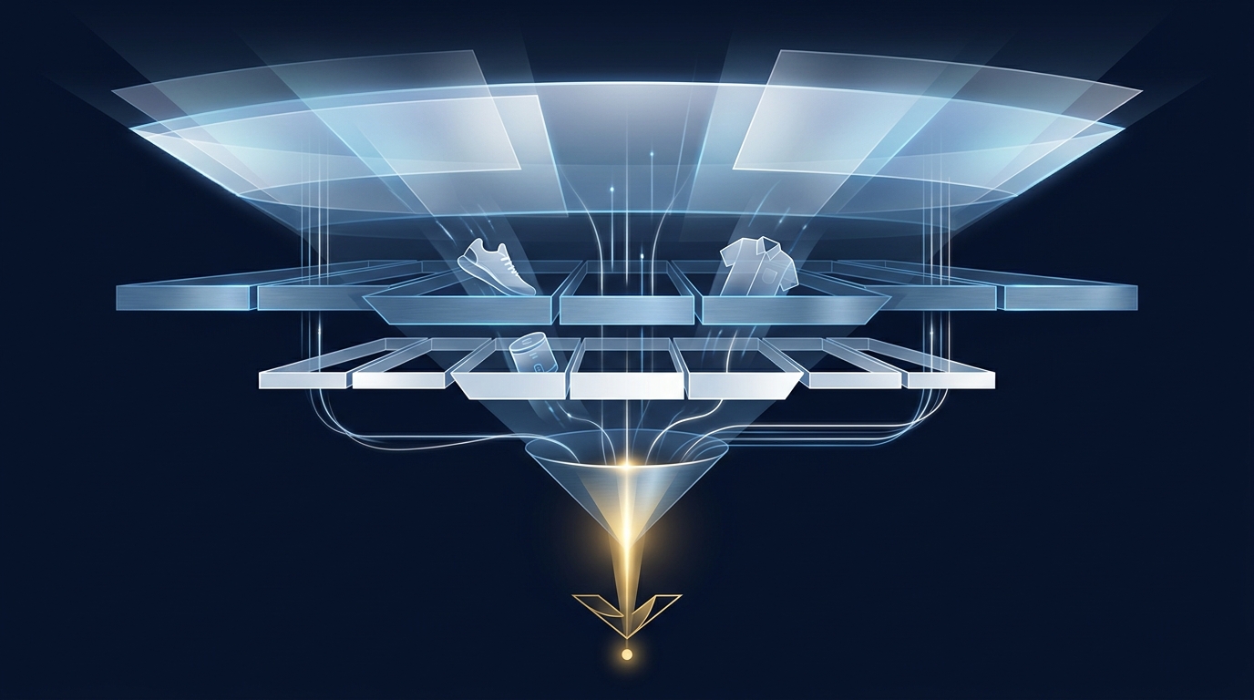 A bold editorial illustration of interconnected campaign layers flowing across a wide ecommerce landscape, symbolizing a full Google Ads strategy for online stores.