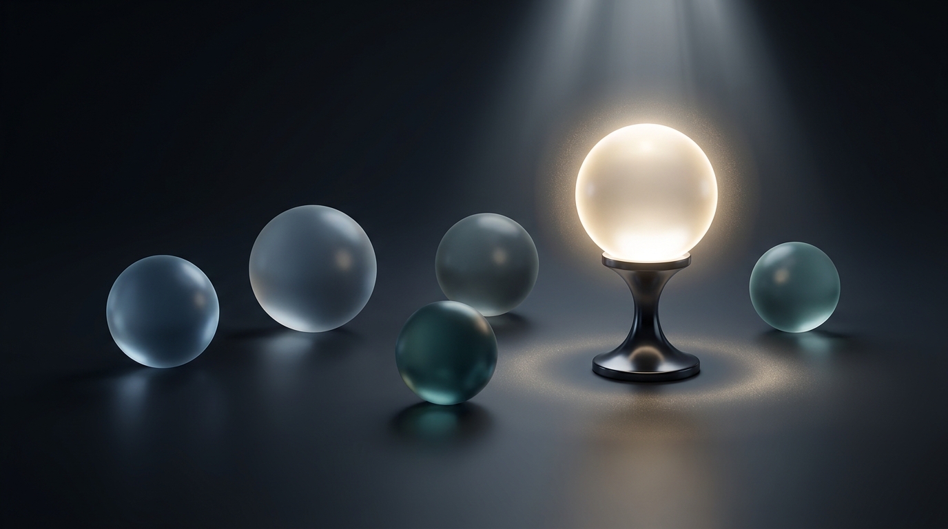 Multiple distinct glowing orbs arranged in a comparison layout on a dark surface, one orb elevated and brighter, representing a clear best choice among alternatives