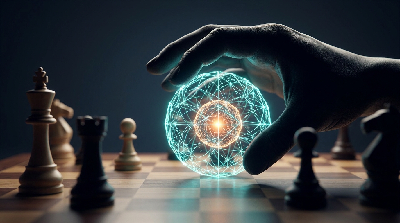 A glowing AI neural network sphere partially encased in a human hand, balanced on a chessboard mid-game, dramatic dark teal and amber lighting