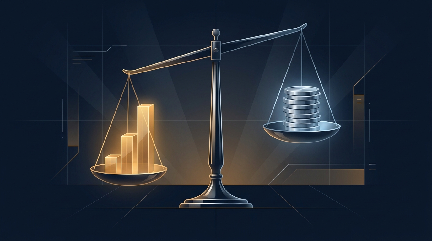 A scale balancing a glowing upward-trending graph against a stack of coins, set against a deep navy background with clean geometric light rays