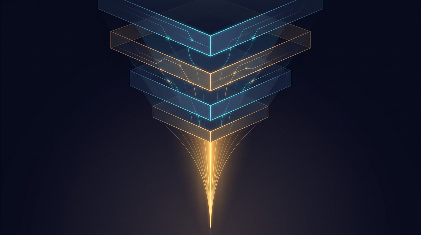 Abstract editorial illustration of layered data pipelines and campaign architecture converging into a glowing pipeline symbol, representing SaaS Google Ads strategy in 2026.