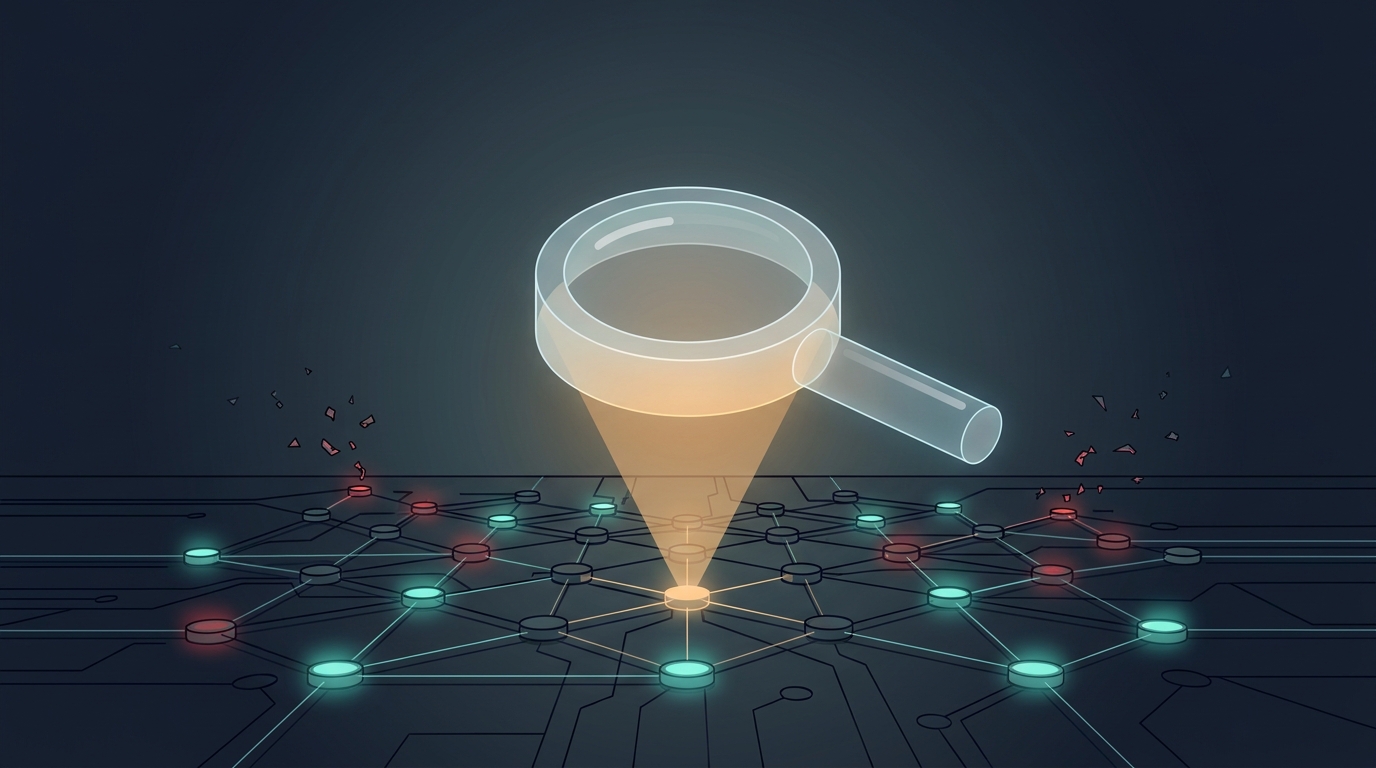 A meticulous audit scene: a magnifying glass hovering over a web of interconnected campaign nodes, revealing hidden inefficiencies in a clean dark editorial illustration.