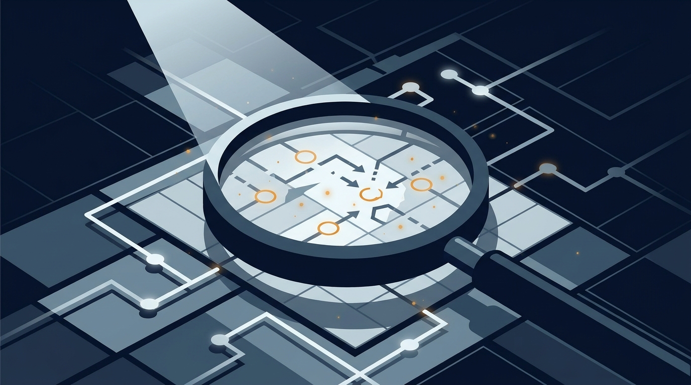 A magnifying glass casting dramatic light over a complex layered grid of interconnected nodes and budget flows, revealing hidden inefficiencies beneath a polished surface