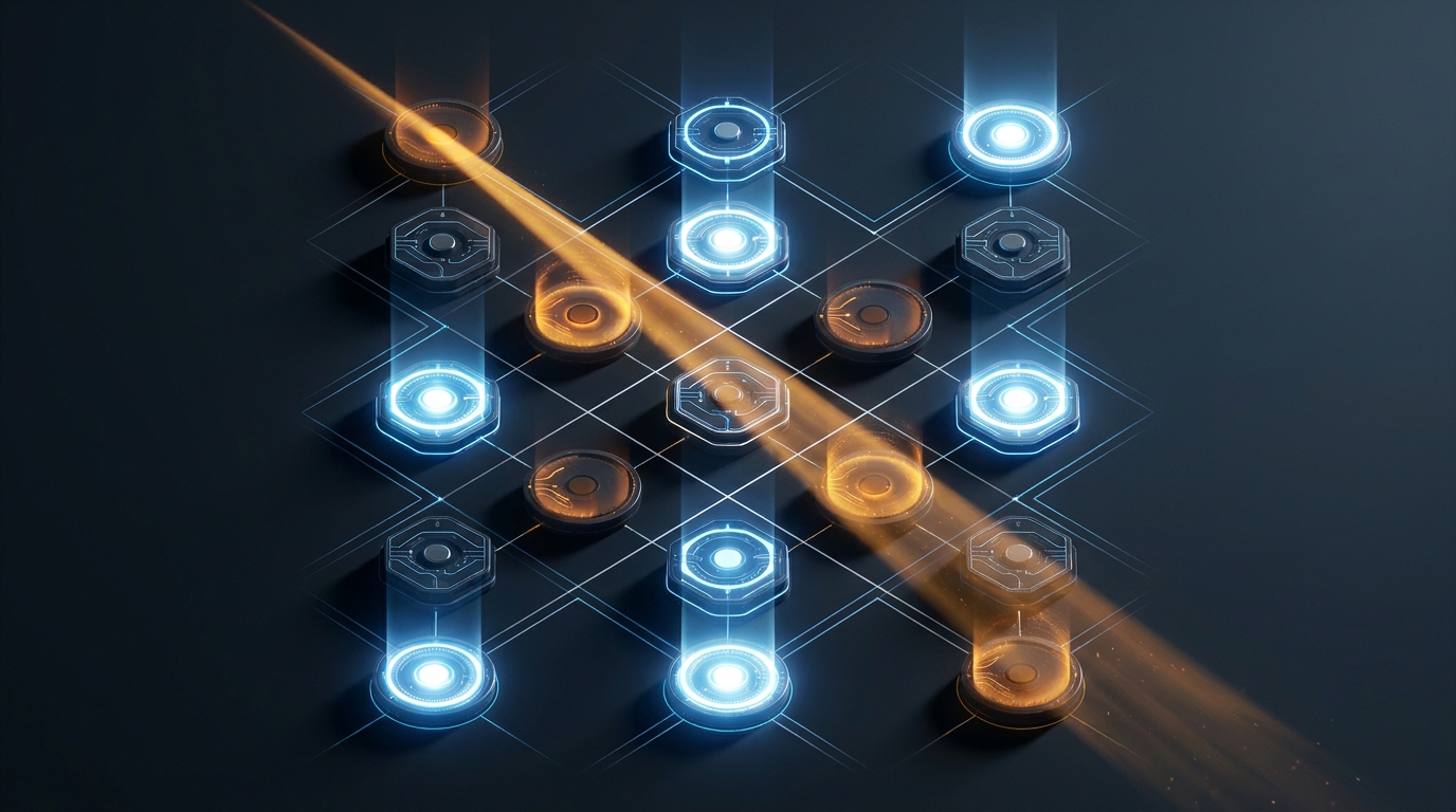 A structured grid of interconnected diagnostic nodes glowing under a focused beam of light, symbolizing a methodical Google Ads account audit process.