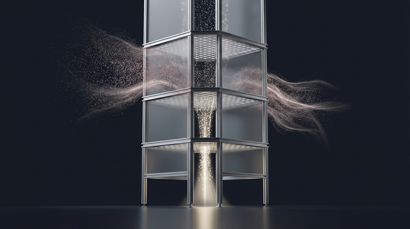 A sleek editorial illustration of a sophisticated filtering system with layered mesh screens separating streams of light, symbolizing negative keyword exclusion in Google Ads.