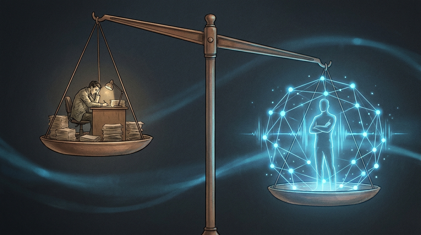 A lone contractor figure on one side of a scale balanced against a sleek AI-and-human management team on the other, symbolizing freelancer vs autonomous Google Ads management