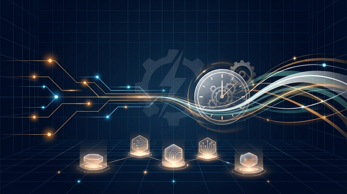 Abstract editorial illustration of interconnected JavaScript-style code nodes and automation gears flowing across a dark grid, symbolizing Google Ads script automation