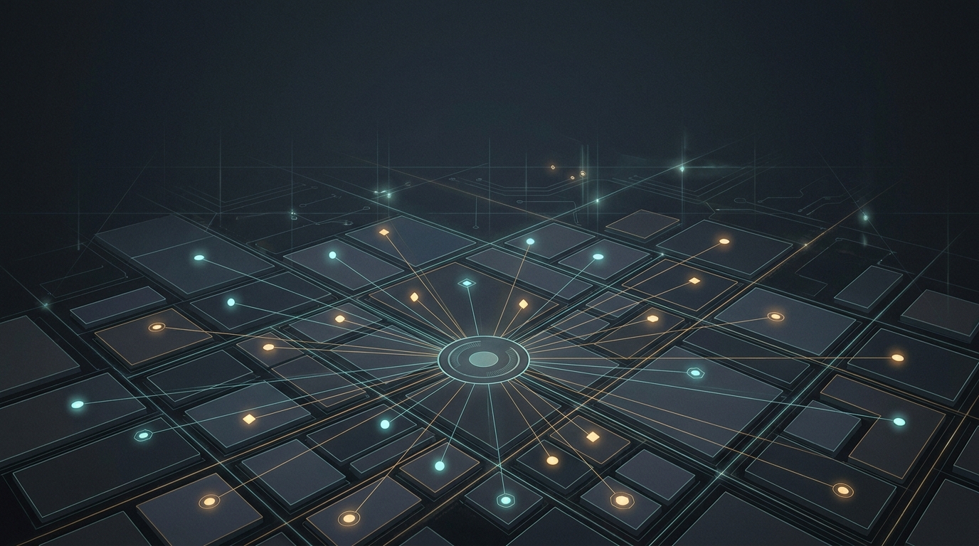 Aerial view of interconnected city districts with glowing network nodes linking multiple business locations under a unified strategic grid