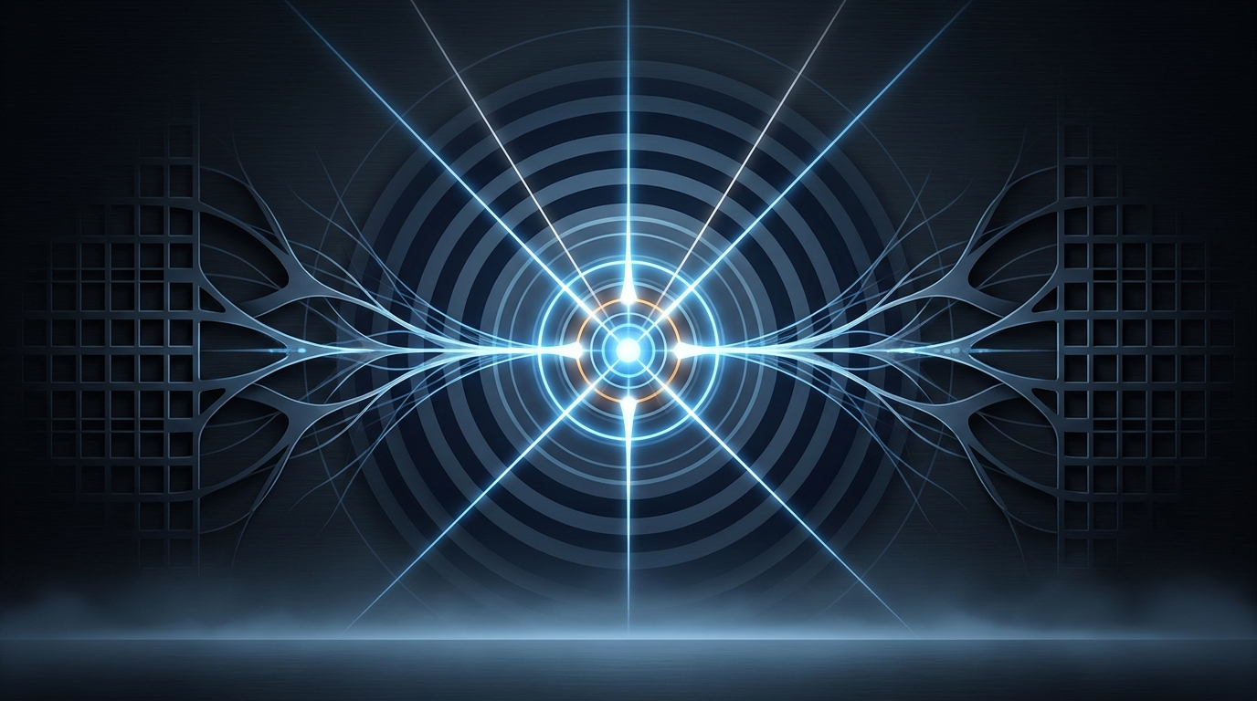Abstract editorial illustration of AI-driven search expansion: layered signal rings and precision targeting beams converging on a focal point, 2026 tech aesthetic