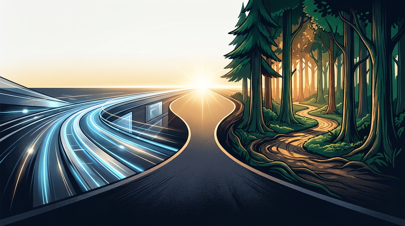 Two diverging paths through a landscape, one fast-moving highway and one slow-growing forest trail, merging toward a shared horizon under a bright sky.