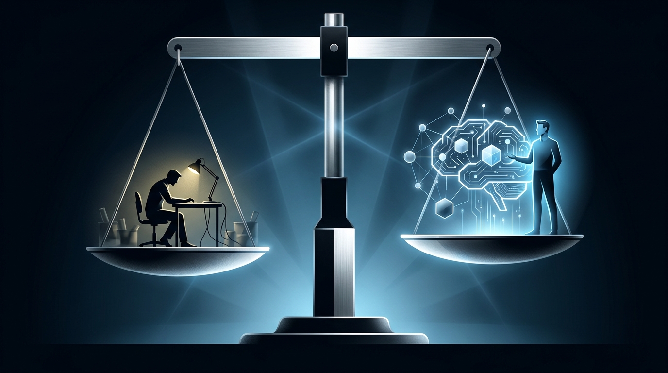 A dramatic scale weighing a lone freelancer figure against a sleek autonomous system, set against a high-contrast dark background with cool blue accent lighting.