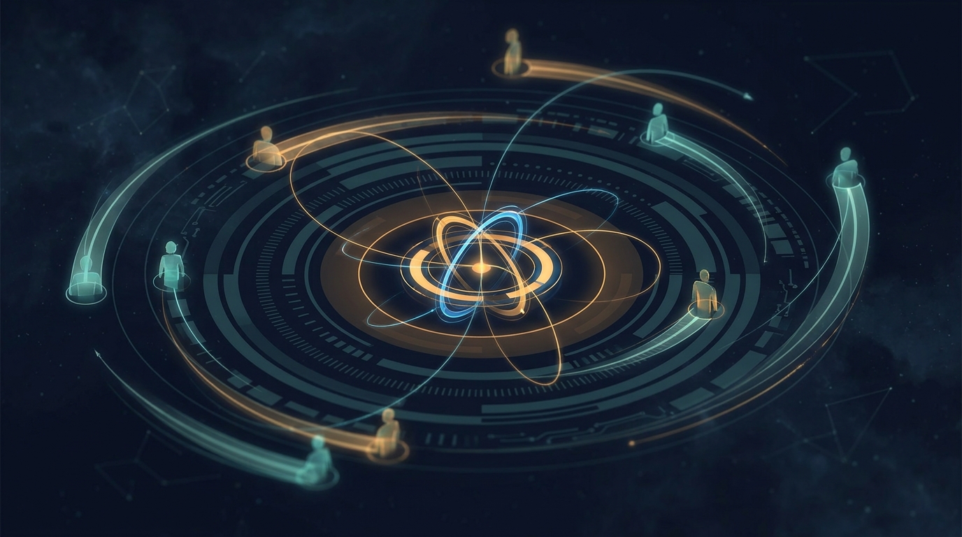 A network of glowing orbital paths connecting user silhouettes back to a central luminous node, symbolizing remarketing audience loops and retargeting strategy.