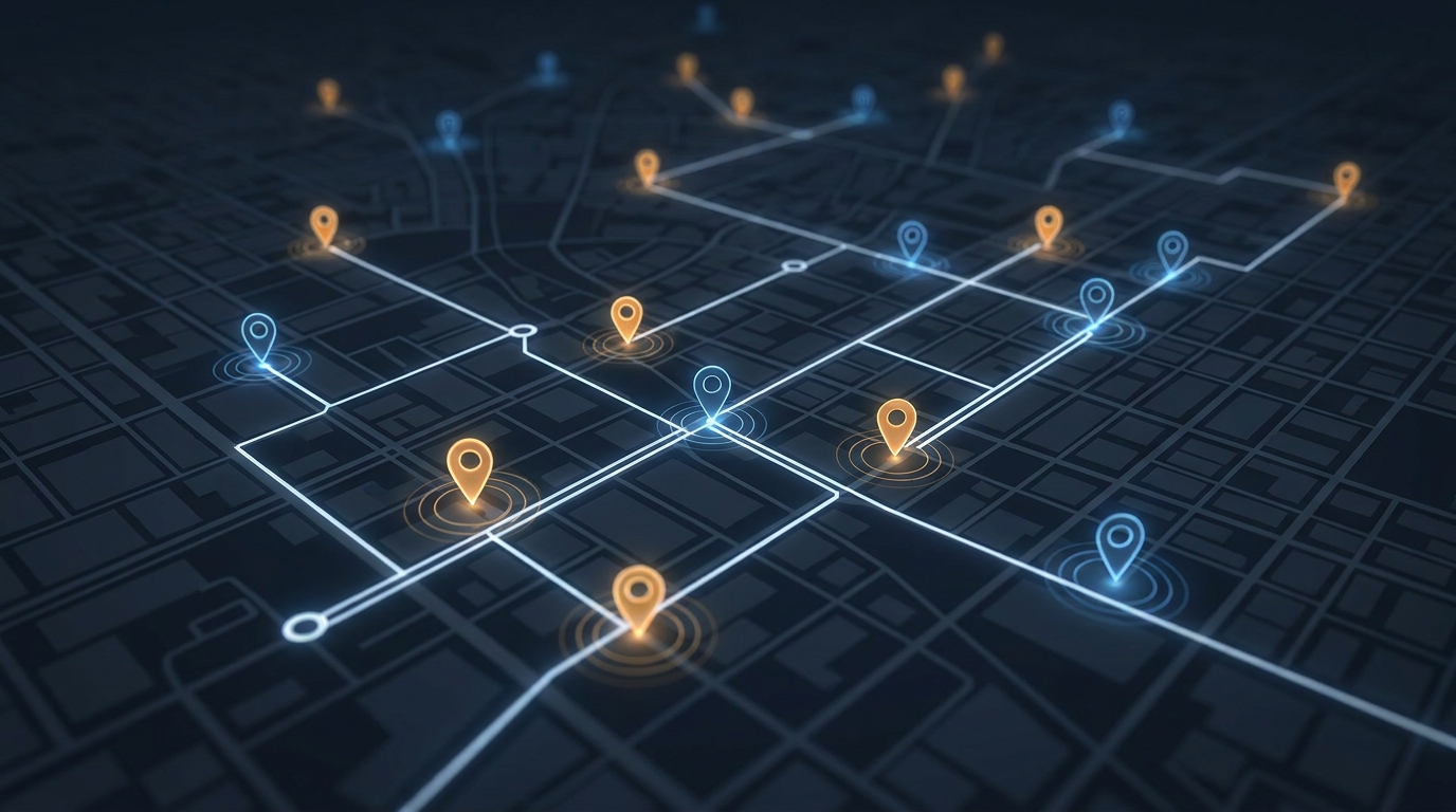A network of interconnected city pins spread across a stylized map, each glowing node linked by clean light-trace lines suggesting coordinated ad campaigns.