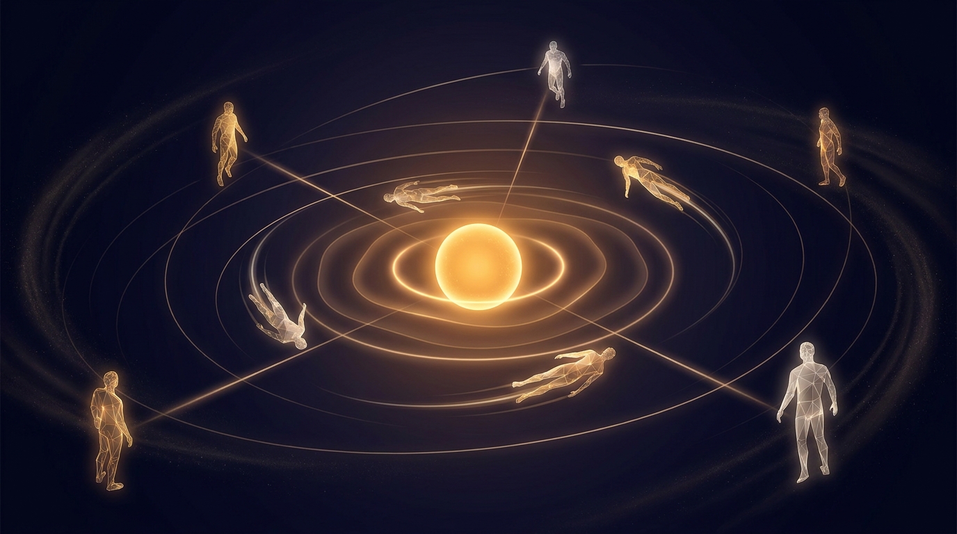 A warm glowing orbit of connected user silhouettes being drawn back toward a luminous central point, symbolizing remarketing and audience reconversion.