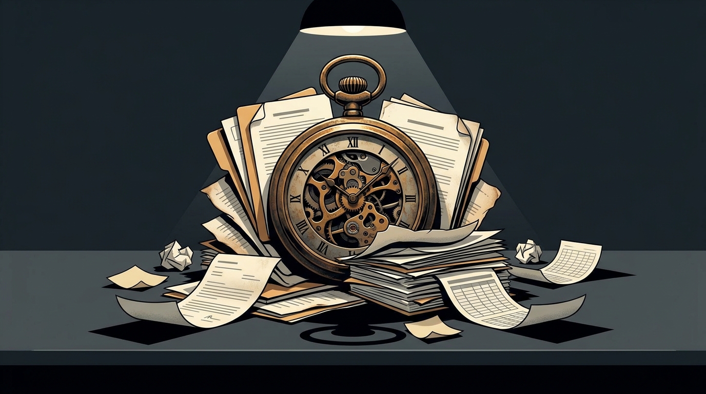 A heavy, ornate clock face embedded in a stack of paperwork and contracts, casting long shadows over a clean modern desk, symbolizing hidden time costs
