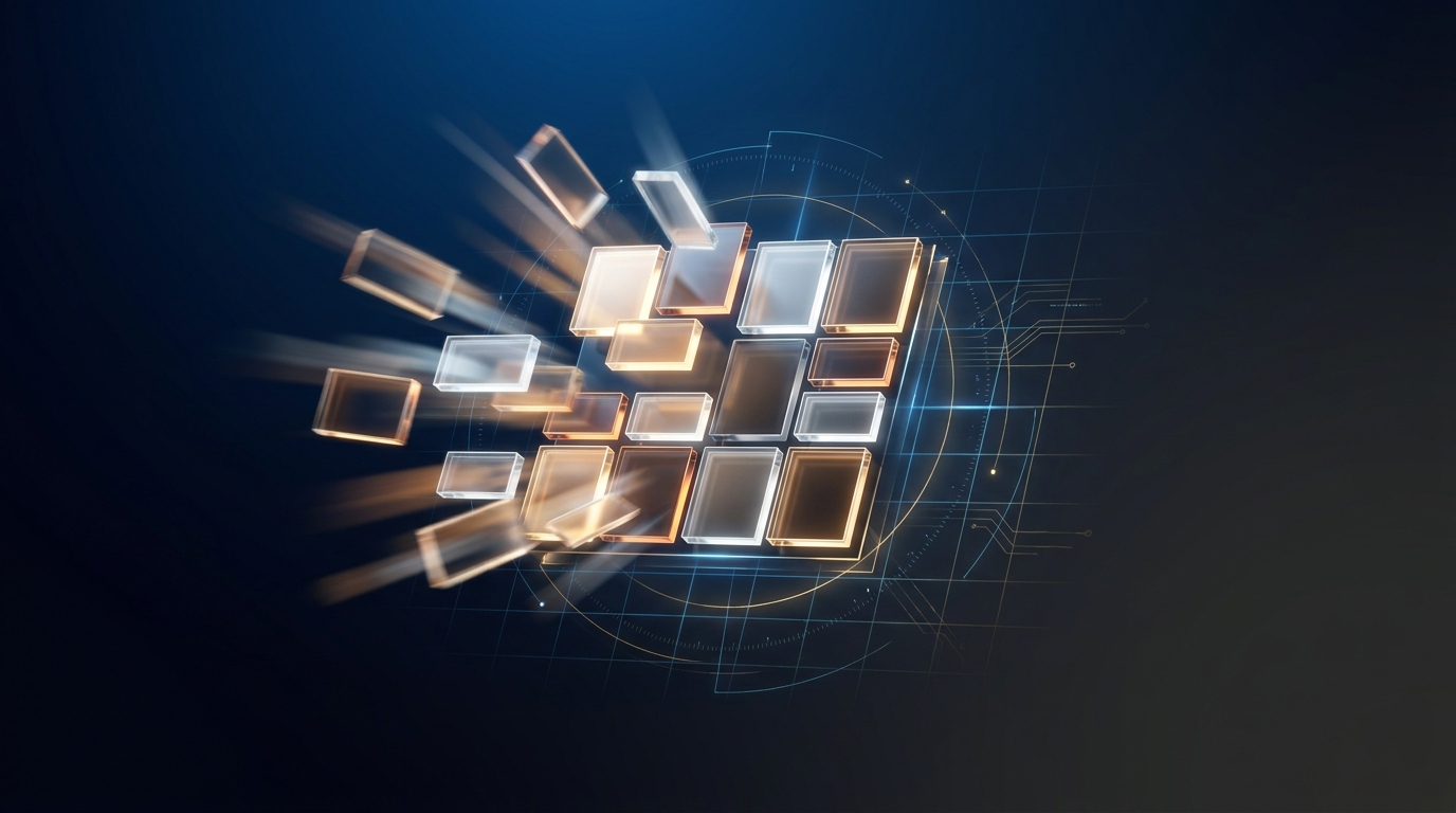 Abstract editorial illustration of multiple luminous headline fragments assembling into a precise geometric structure, symbolizing RSA headline framework and ad optimization