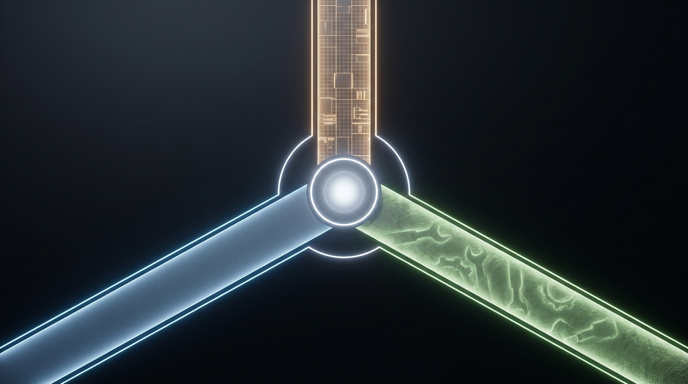 Three diverging paths on a sleek dark surface converge toward a single illuminated decision point, symbolizing a comparison of Google Ads management options.