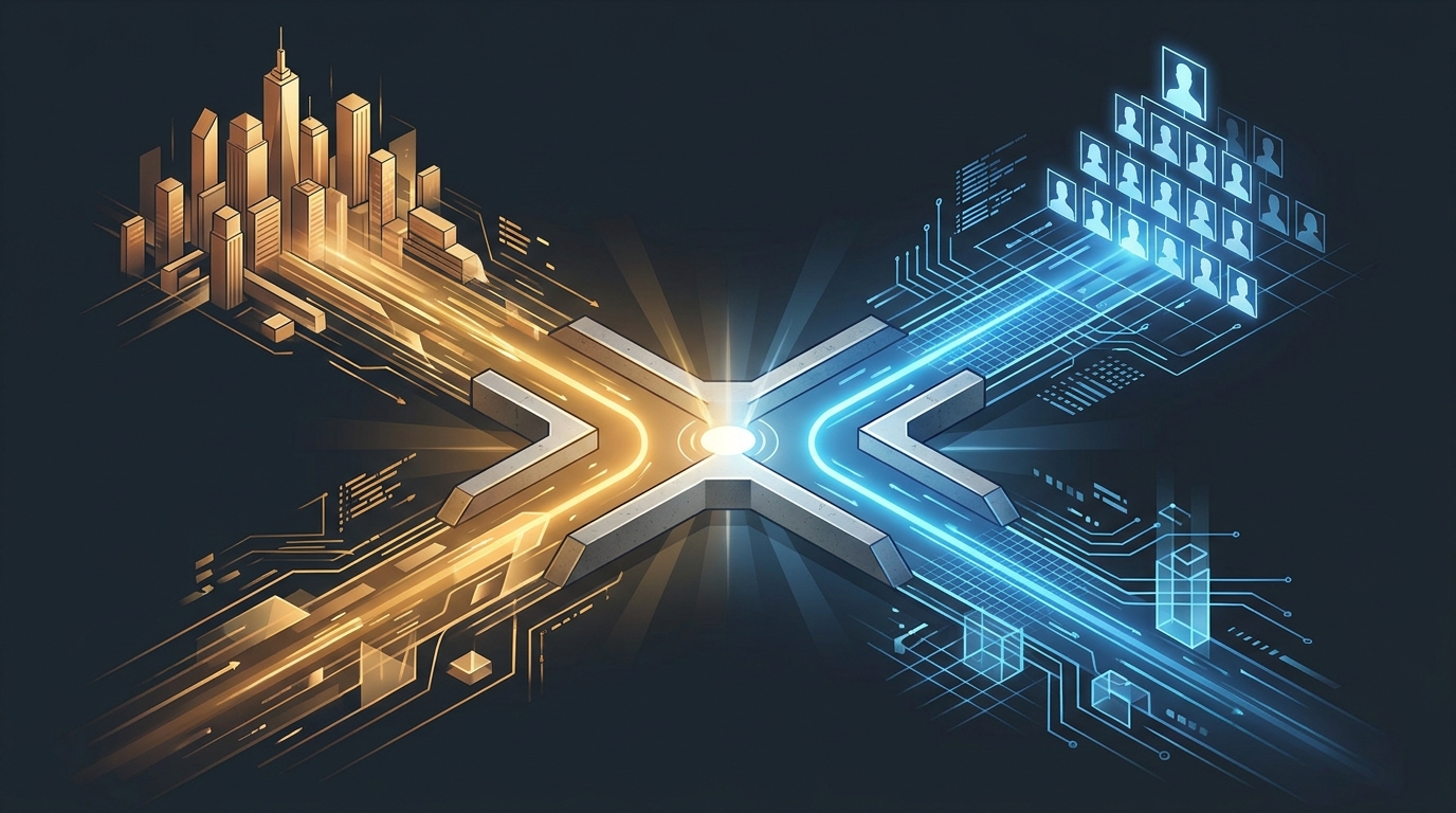 A bold editorial illustration showing two diverging paths in a modern abstract landscape, symbolizing the strategic choice between Google Ads and LinkedIn Ads for B2B budget allocation.