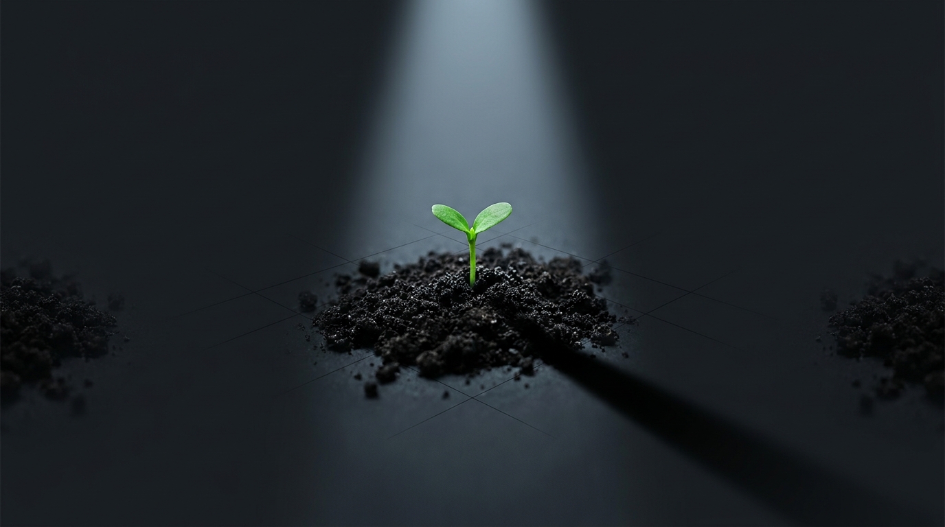 A single focused spotlight illuminating a small precise seedling on a wide dark surface, symbolizing lean budget strategy and high-intent Google Ads growth.