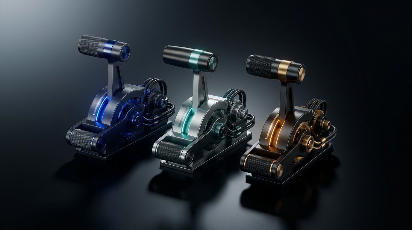 Three glowing control levers on a sleek dark panel symbolizing Target CPA, Target ROAS, and Max Conversions bidding strategy choices