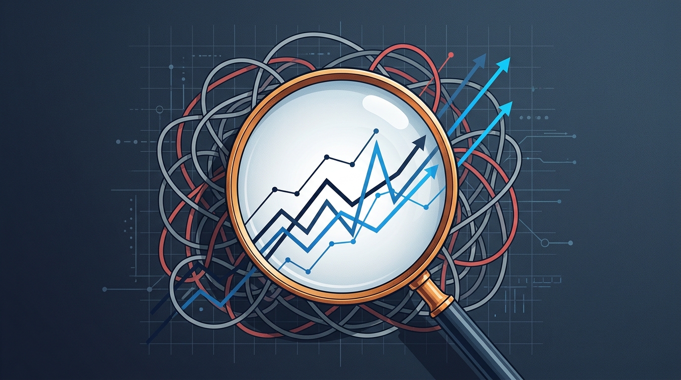 A magnifying glass revealing clean signal lines beneath a chaotic tangle of misleading graph curves, symbolizing true Google Ads performance metrics