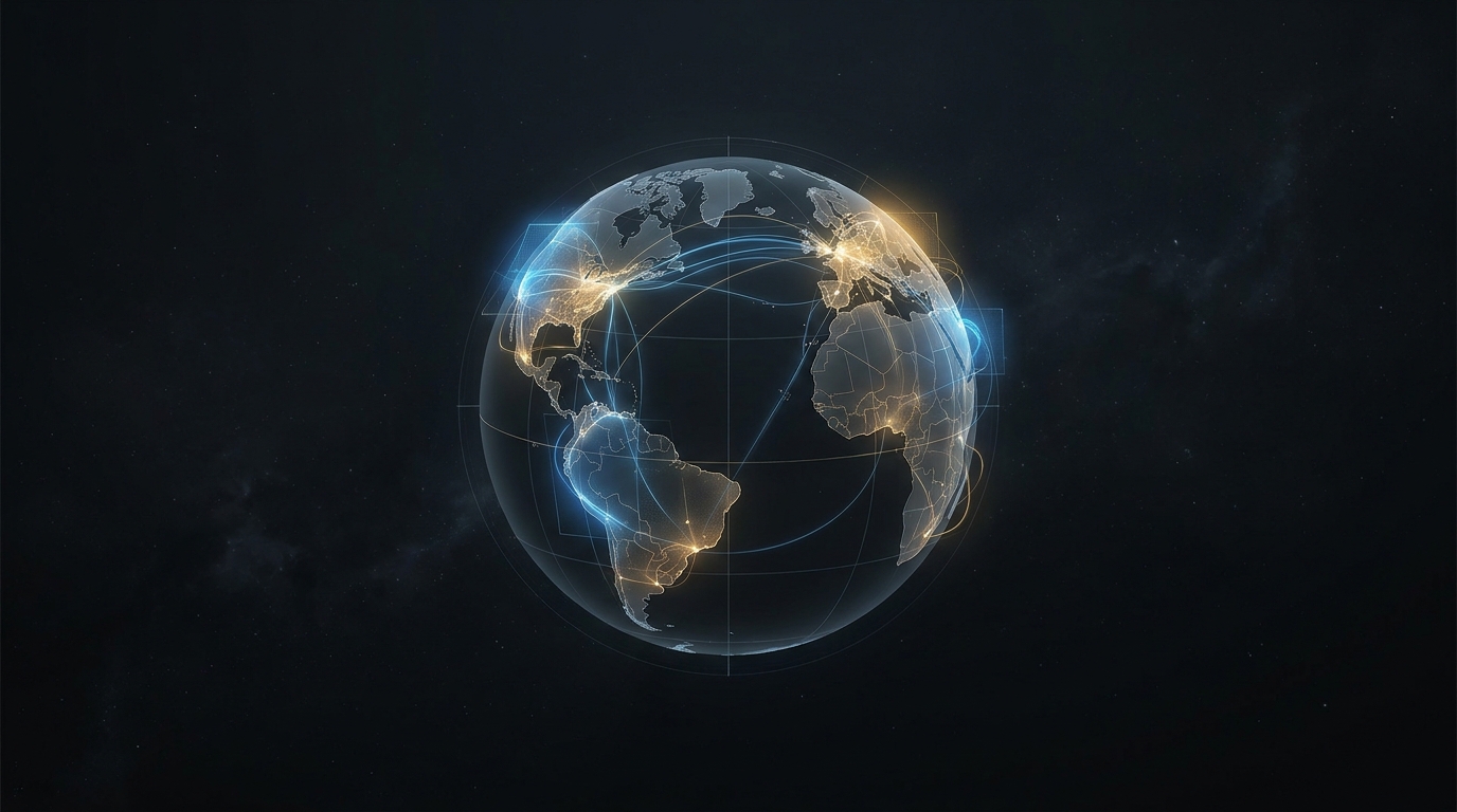 A bold editorial illustration of interconnected globe segments glowing with data flow lines across multiple countries, symbolizing international Google Ads campaign expansion