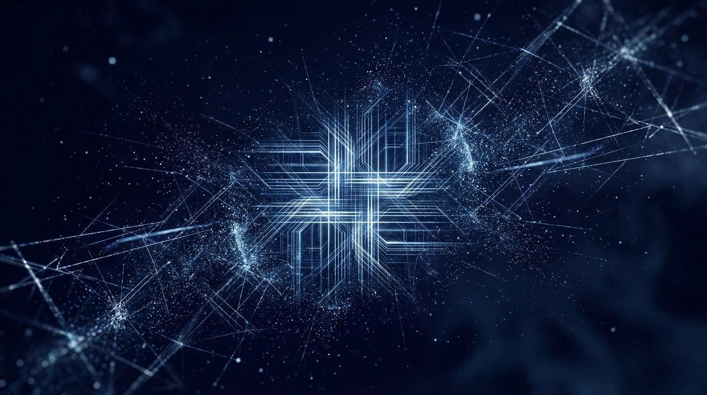 A crumbling digital web of glowing data threads dissolving into fragmented particles, symbolizing third-party cookie deprecation and shifting ad targeting in 2026.