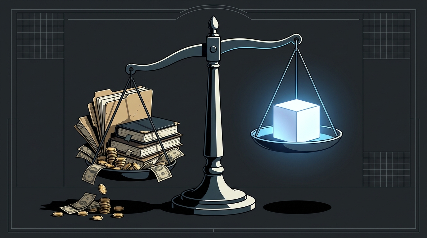 A bold editorial illustration showing two contrasting scales of balance, one side heavy with stacked coins and bloated paperwork, the other side light and precise with a sleek minimal form