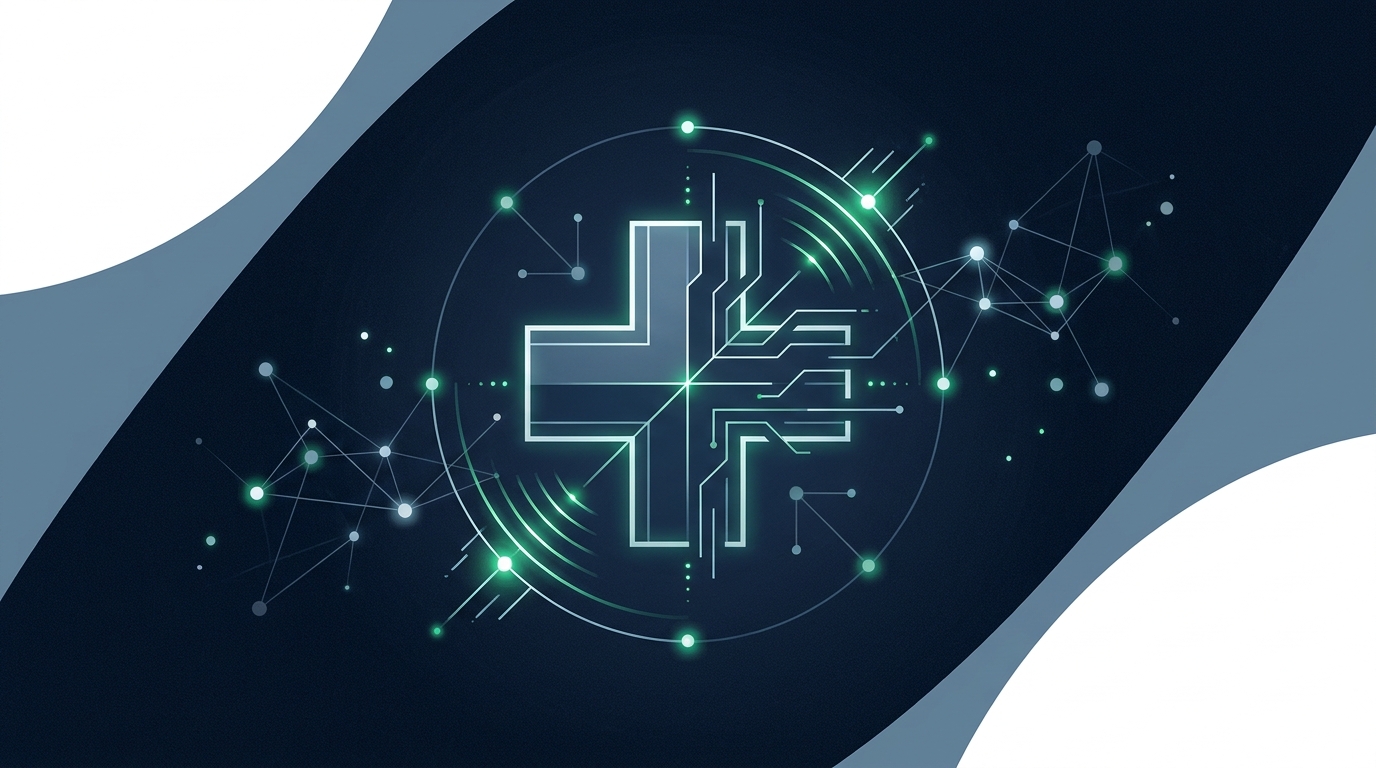 Abstract editorial illustration of a medical cross symbol merging with precision data pathways and glowing search signals on a deep navy background