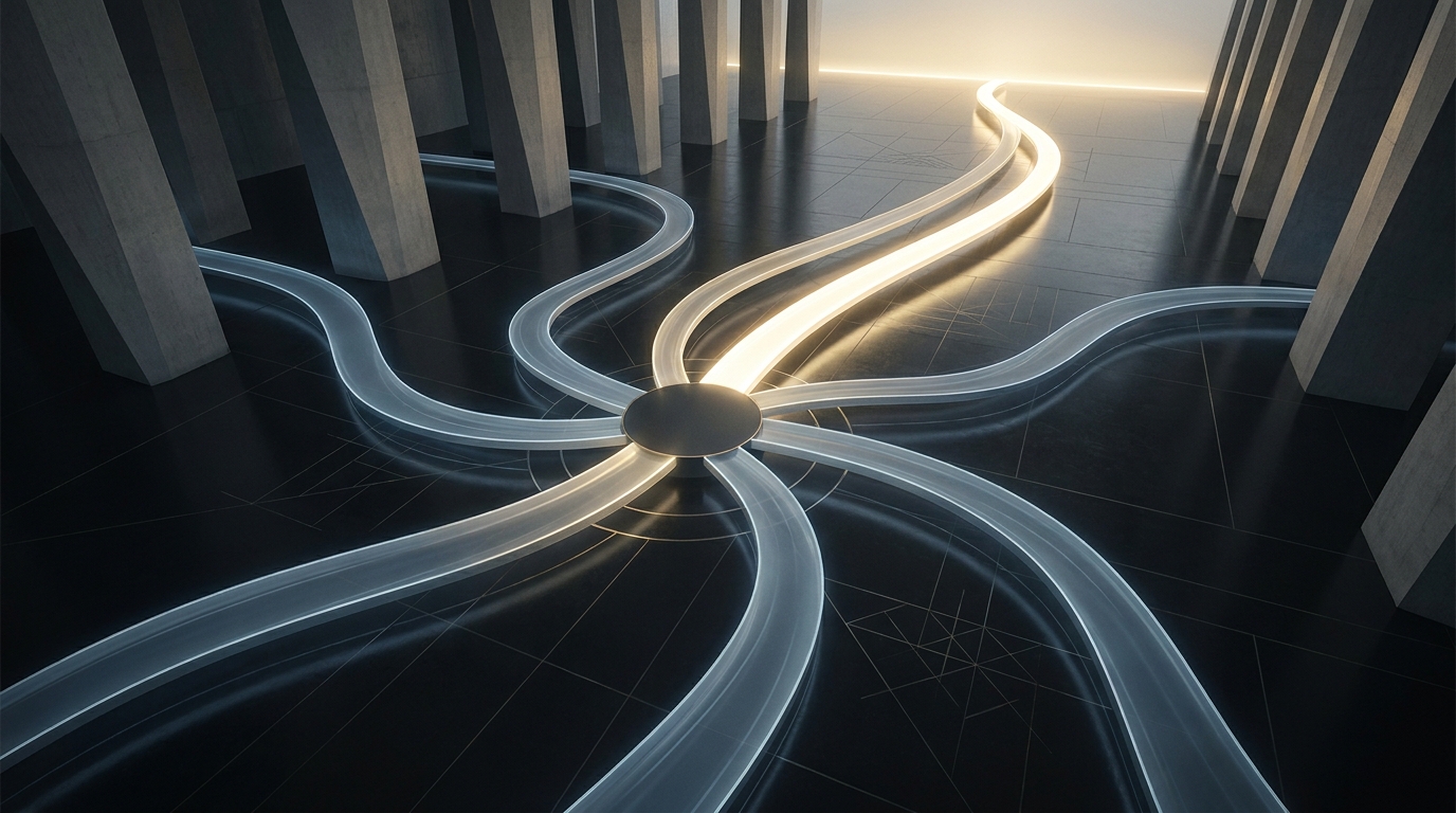 A commanding figure stands at a crossroads of seven illuminated paths in a dark arena, one path glowing brighter than the rest, symbolizing the clear best choice
