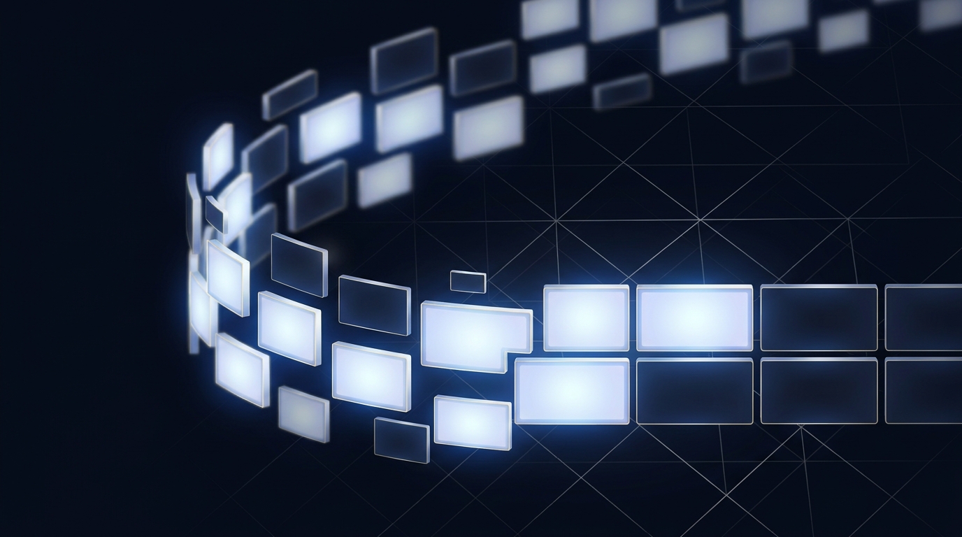 A dynamic grid of glowing headline tiles assembling into a perfect search ad, symbolizing responsive search ad headline strategy and optimization.