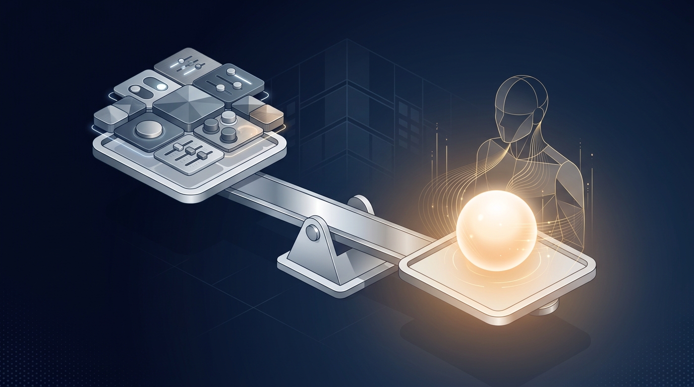 A split-scale balance composed of glowing geometric modules on one side and a clean human-AI control panel on the other, set against a deep navy background.