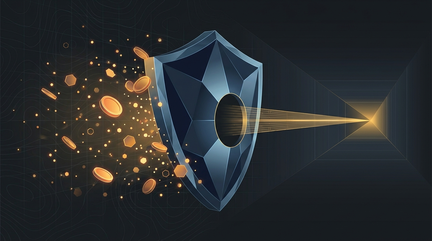 A fortified digital shield deflecting scattered budget fragments, with structured campaign pathways channeling controlled ad spend toward a precise target in deep blue and amber tones.