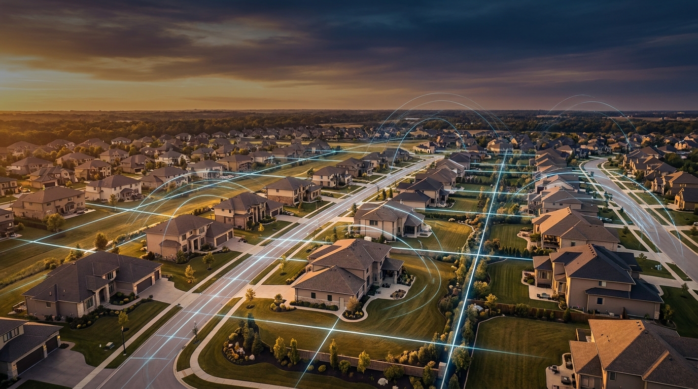 Aerial view of a modern residential neighborhood at dusk with glowing data streams and geometric optimization layers overlaid, symbolizing precision ad targeting in real estate.