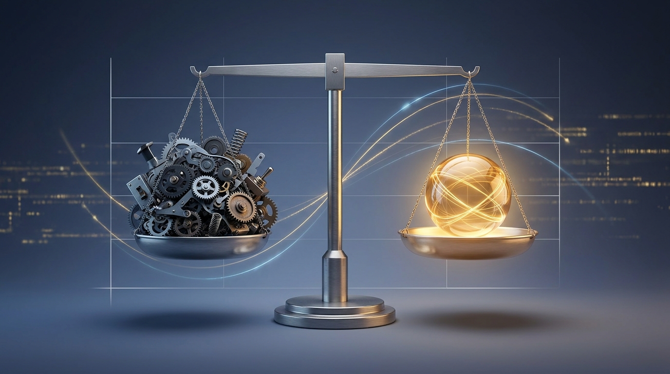 A balanced scale with a complex mechanical tool on one side and a glowing human-AI figure on the other, set against a deep navy background