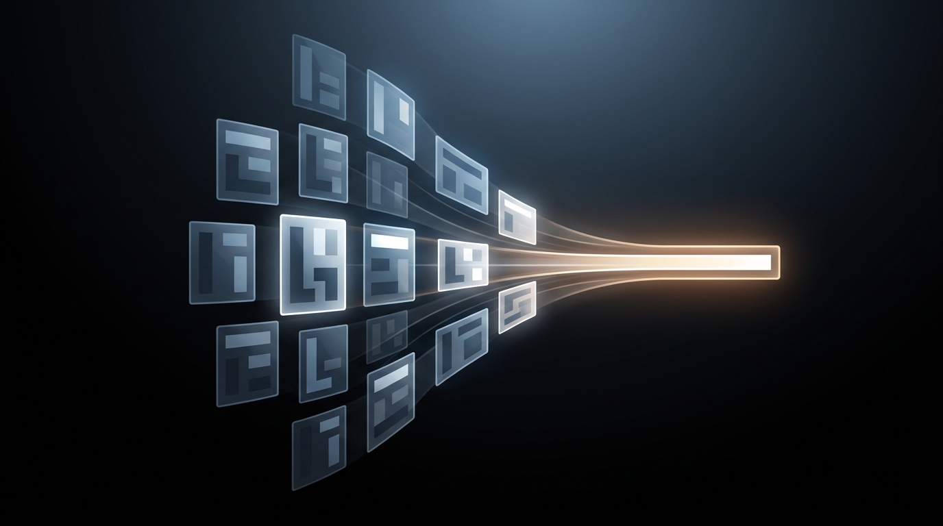 Abstract editorial illustration of multiple headline fragments assembling into a single optimized ad unit, representing RSA combination logic and AI-driven ad strength.